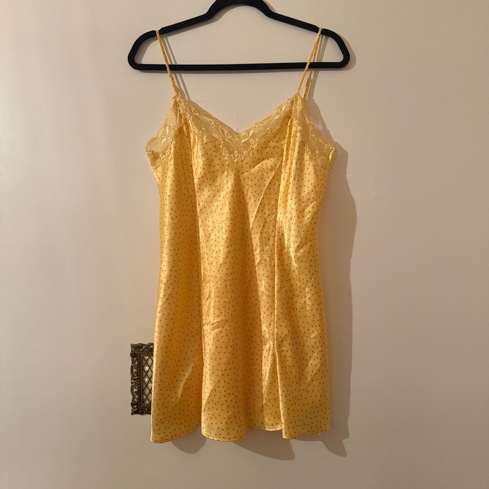 Vintage Victorias Secret Yellow Pink Polka Dot Lace Trim Satin Slip Dress Medium